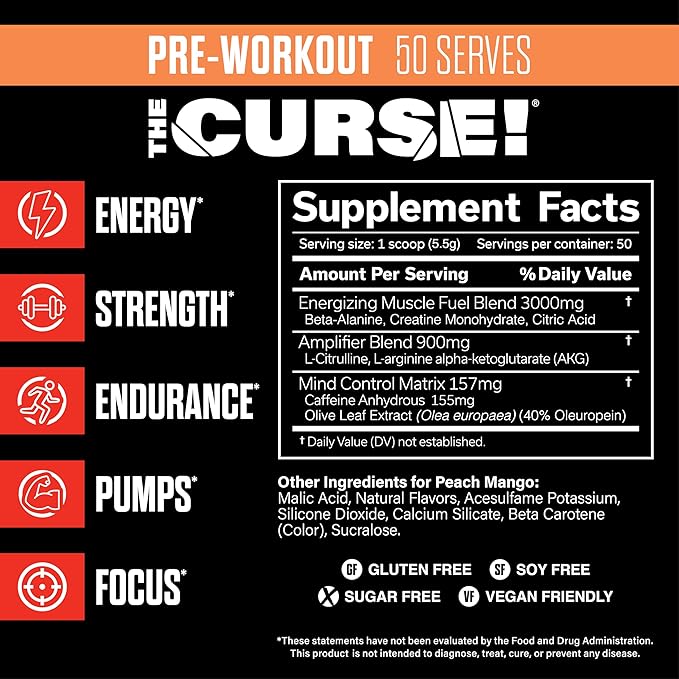 JNX SPORTS The Curse! Pre Workout Powder for Men & Women, Caffeine, Beta-Alanine, Creatine, L-Citrulline, 50 Servings, Peach Mango Flavor – Boost Energy, Strength & Focus