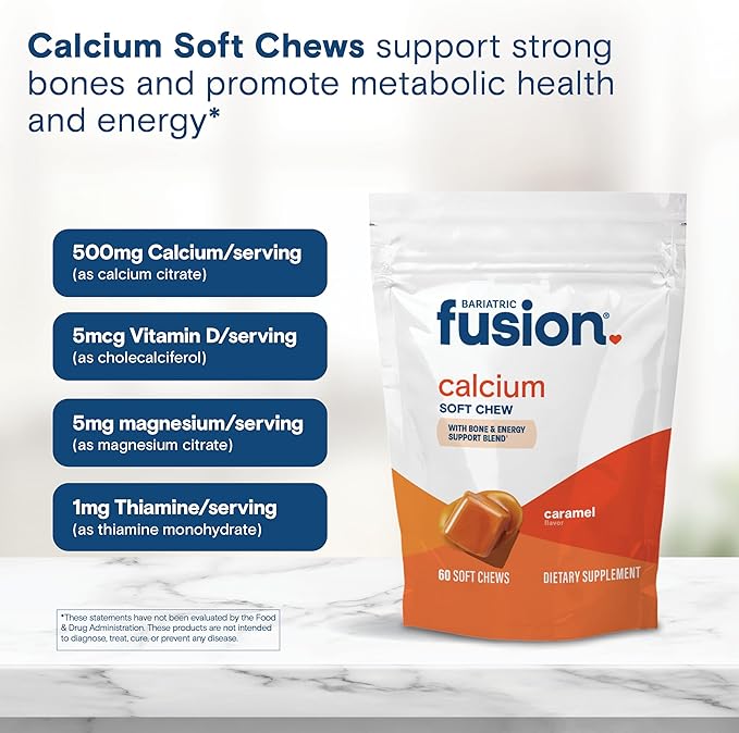 Bariatric Fusion Bariatric Calcium Supplement Chews | Calcium Citrate with Vitamin D3 Bariatric Vitamin | Sugar Free Chewable |500mg |Caramel | 60 Count