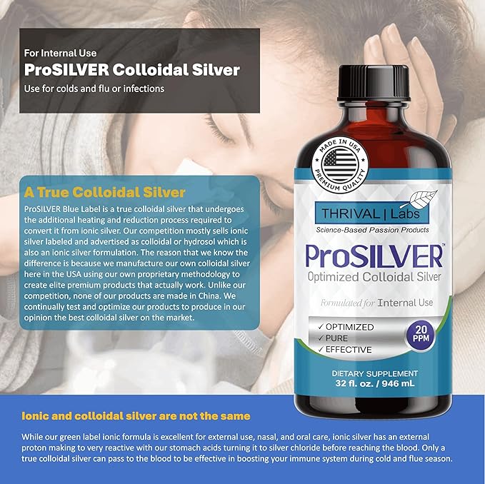 ProSILVER Blue Label 20 PPM True Colloidal Silver Liquid (32oz), Optimized Bio-Active Nano-Sized Liquid Silver for Immune Support, Dark Glass Bottle - Thrival Labs (Plata coloidal)