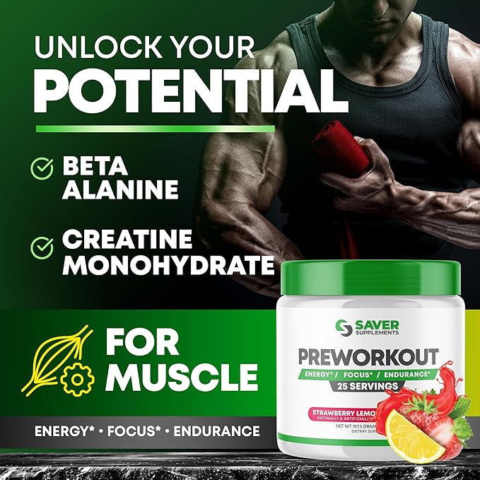 Pre Workout Powder with Beta Alanine, Creatine Monohydrate, BCAA, L Citrulline, L Arginine and Caffeine - Strawberry Lemonade Flavor - 25 Servings