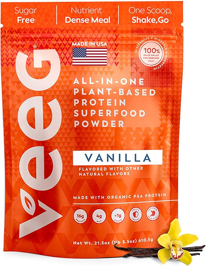 Veeg All-in-One Protein Smoothie Powder - Plant Based Protein Powder, Superfoods, Organic Greens, MCT Oil, Probiotics, Multivitamins for Men & Women, Sugar-Free, 15 Servings (Vanilla)