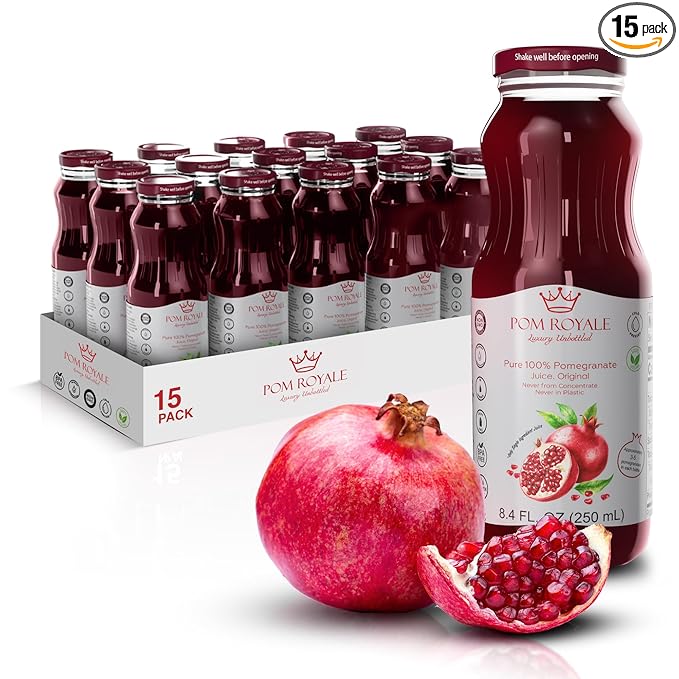 Pure Pomegranate Juice No Pulp, 8.4 Ounce Glass Bottle (Pack of 15), Cold Pressed Juice, Not from Concentrate, Non-GMO, No Sugar Added, Gluten Free, Kosher Certified, Preservative Free
