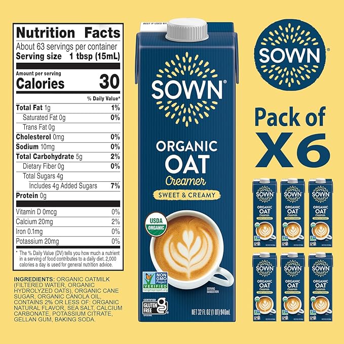 SOWN Organic Oat Creamer Sweet & Creamy - Barista Oat Milk Non Dairy Coffee Creamer - Plant Based, Dairy-Free, Vegan, Gluten-Free, Non-GMO, Shelf Stable - 32oz (Pack of 6)