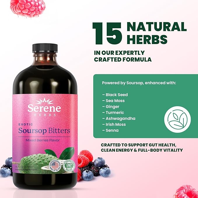 Soursop Bitters Liquid - Organic Herbal Sour Sop Guanabana with Black Seed, Moringa, Irish Moss & Ginger – Gut Support, Energy & Immune Boost – Vegan, Non-GMO – Mixed Berry Flavor – 16 oz