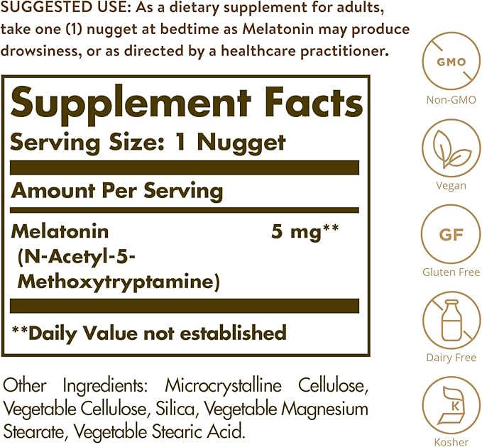 Solgar Melatonin 5 mg, 120 Nuggets - Helps Promote Relaxation & Rest - Clinically Studied Melatonin - Vegan, Gluten Free, Dairy Free, Kosher - 120 Servings