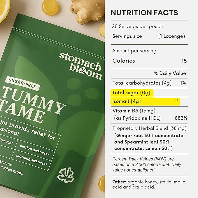 Sugar Free Tummy Tame Drops - 3X Better Absorption | Fast-Acting Pregnancy Nausea Relief & Morning Sickness Relief | Ginger, Lemon, Spearmint & B6. Individually Sealed Drops, 28 Ct