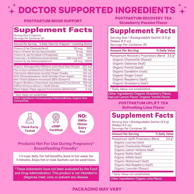 Pink Stork Postpartum Essentials Kit – Hormone Balance, Recovery & Mood Support for New Moms – Postnatal Vitamins Ashwagandha + Herbal Teas for Stress Relief, Energy, Sleep – Gift Set – Vegan, Organic