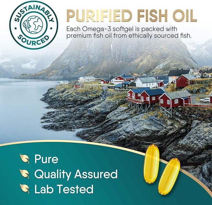 Omega 3 Fish Oil Supplement 2400 mg - Triple Strength EPA & DHA Fish Oil Omega 3, Essential Fatty Acids Supplement Softgels, Brain & Heart Health Support Supplements, Gluten Free Non-GMO, 180 Softgels