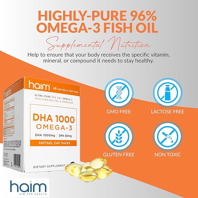 HAIM DHA 1000 Omega-3 Fish Oil - 90% Purity with 1000mg DHA, 50mg DPA - High Potency Fish Oil Supplement for Brain, Eye & Heart Support - Promotes Overall Wellness & Focus - 1 Box, 60 Softgels