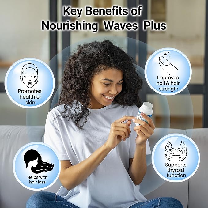Nourishing Waves Plus - Thyroid Support Supplement with Kelp, Iodine, Selenium & Biotin - Vitamin B Complex (B1, B3, B6) for Healthy Hair, Skin & Nails for Men & Women, Prevent Hair Loss - 60 Capsules
