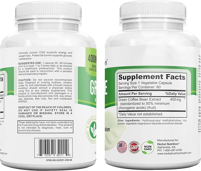 Herbal Nutrition BOGO Pure Green Coffee Bean Extract, Two Bottle Pack, 120 Capsules, Multi-Level Dosing 400mg - 1200mg Per Serving, 50% Chlorogenic Acid. Weight Loss & Cleanse Supplement