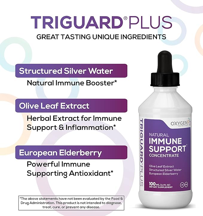 Triguard Plus Concentrate | Colloidal Silver, Sambucus Elderberry Extract & Olive Leaf Extract, 3-in-1 Liquid Immune Support | Powerful Immune System Booster | Great Taste - 3.4oz / 100ml, Made in USA
