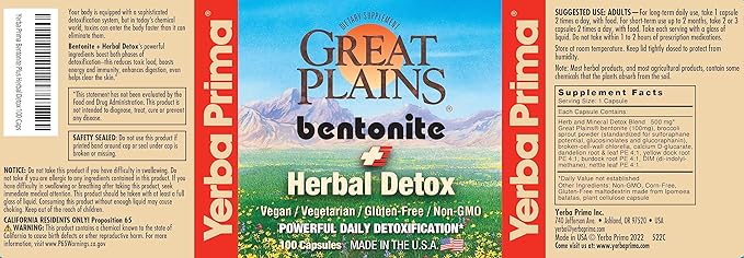 Yerba Prima Bentonite Clay Plus Herbal Detox, 100 Veg Capsules - Food Grade Clay from The Great Plains, USA - Colon & Liver Cleanse Supplement with Calcium Clay