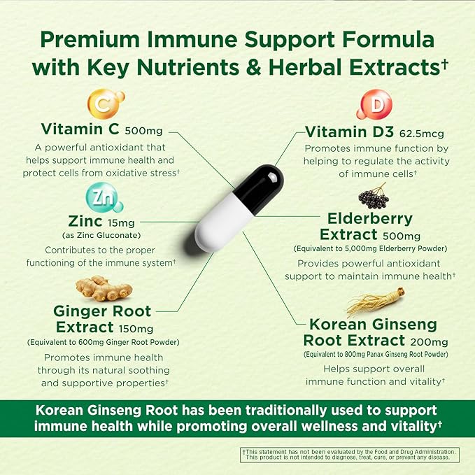 Premium Immunity 6-in-1 Support – Vitamin C 500mg, Vitamin D3 2500IU, Zinc, Elderberry, Ginger, Korean Ginseng – Immune Booster for Adults, Vegan Capsules, 1 Month Supply