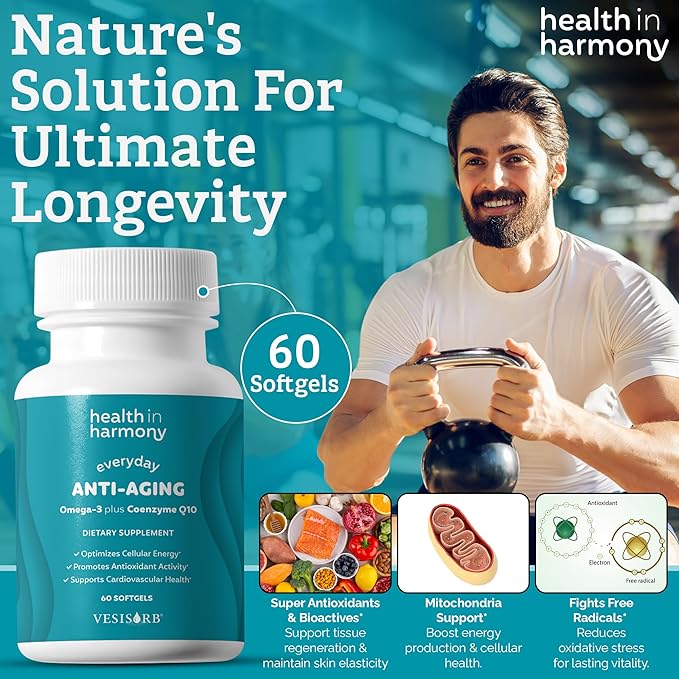 Everyday Anti-Aging Supplement - Omega 3 Fatty Acid Supplements + High Absorption Coq10 - Energy Supplements for Heart Health & Overall Vitality - Non GMO Softgels Powered by Vesisorb® (60 Ct)