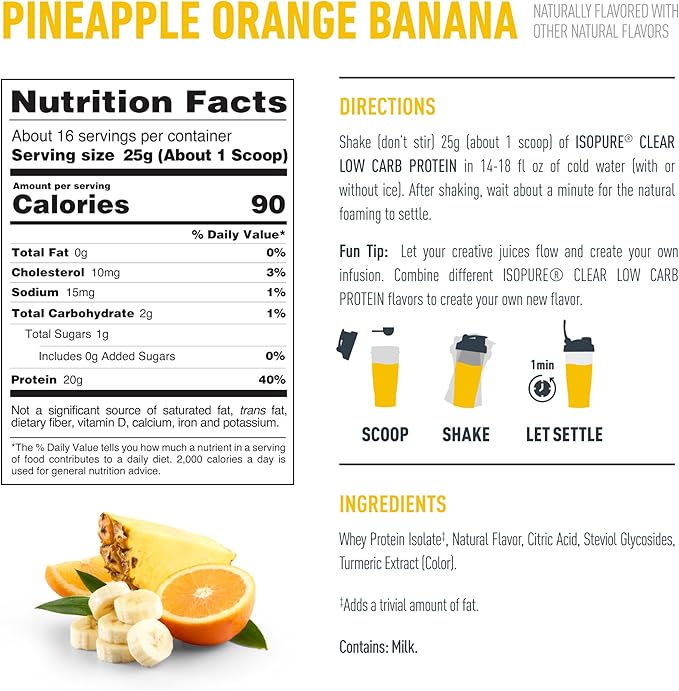 Isopure Clear Whey Isolate Protein Powder, No Gluten or Lactose, Naturally Flavored, Pineapple Orange Banana, 20g Protein Per Serving, 14.1 Oz, 16 Servings (Packaging May Vary)