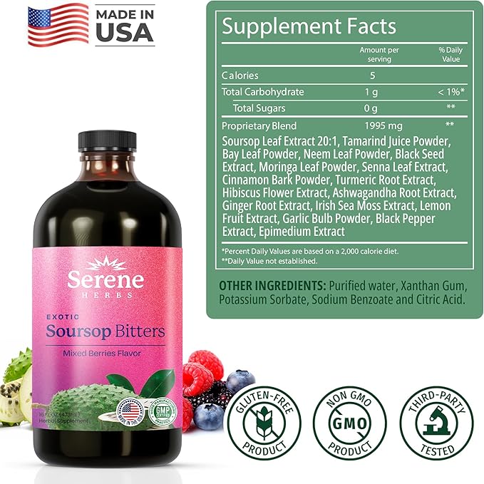Soursop Bitters Liquid - Organic Herbal Sour Sop Guanabana with Black Seed, Moringa, Irish Moss & Ginger – Gut Support, Energy & Immune Boost – Vegan, Non-GMO – Mixed Berry Flavor – 16 oz