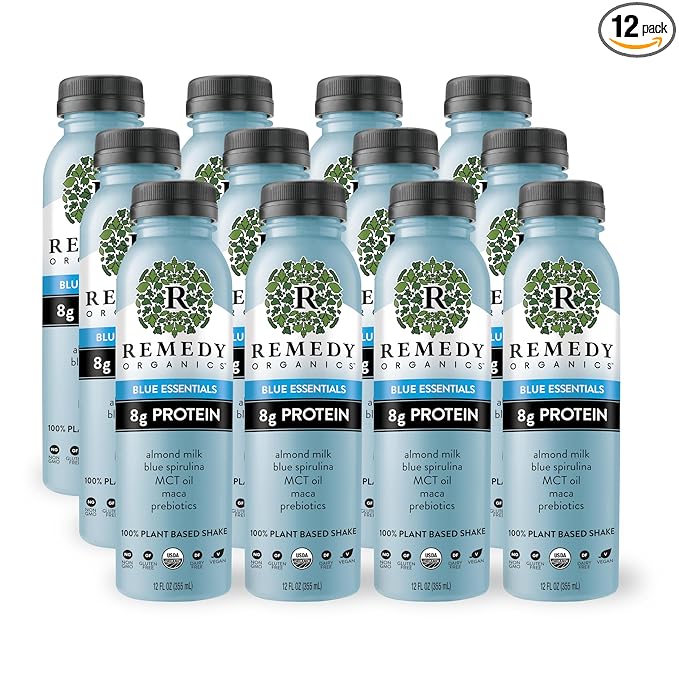 Remedy Organics Blue Essentials 12-Pack | Plant Based Protein Shakes, Ready to Drink | USDA Organic, Gluten Free, Dairy Free, Soy Free