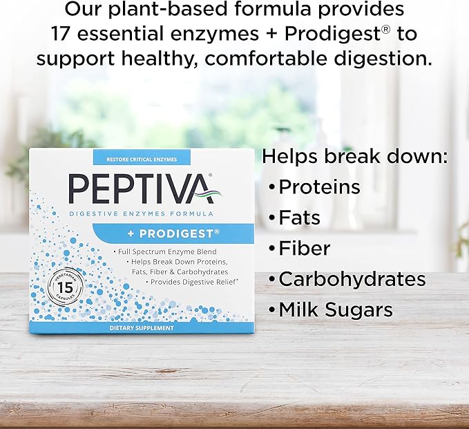 Peptiva Digestive Enzyme Supplement + ProDigest - Helps with Bloating, Gas, Constipation - 15 Count