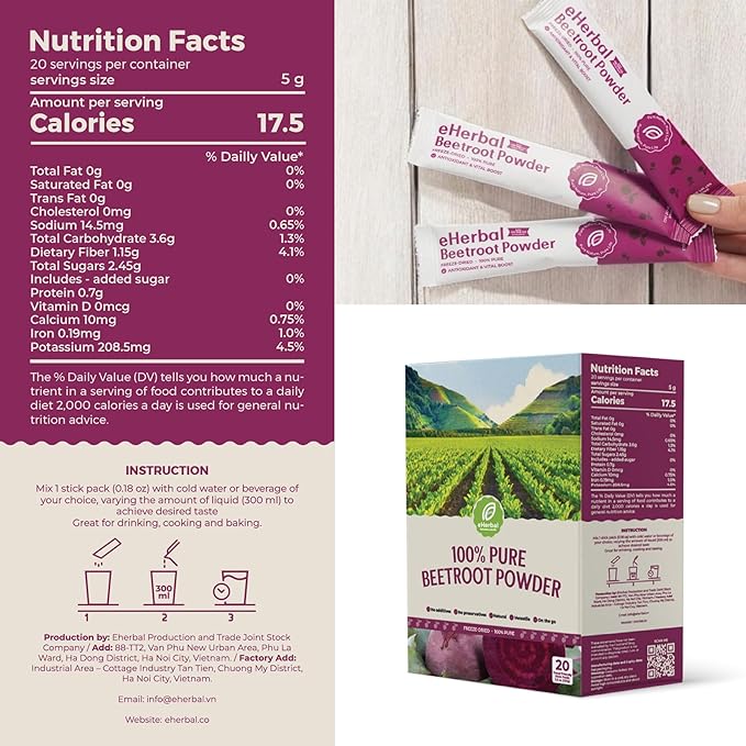 eHerbal 100% Plant Based Pure Freeze Dried Beet Root Powder 20 Packs | Beet Juice for High Blood Pressure, Nitric Oxide Booster, Boost Clean Energy Drink Mix, Non-GMO, Convenience to Use | (5g/Stick)