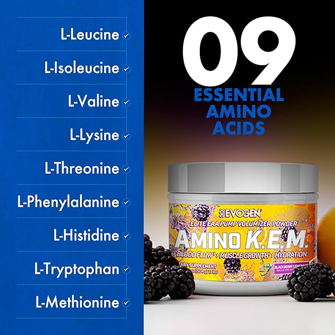 Evogen Amino K.E.M. - EAA & BCAA Powder Pump Volumizer | BCAAs Amino Acids Supplement for Blood Flow, Muscle Growth, & Hydration | BlackBerry Lemonade | 30 Servings