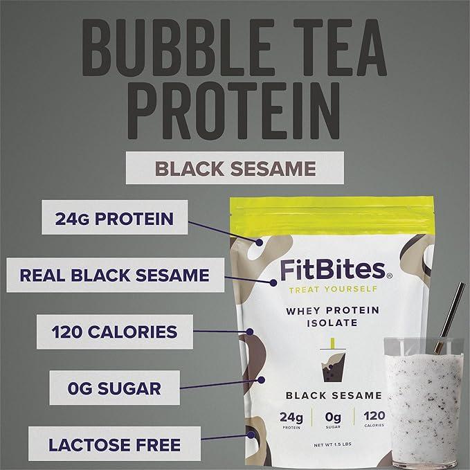 Boba Whey Protein Isolate (Black Sesame), 5.9g BCAAs, Gluten Free, Zero, Sugar, Bubble Tea Protein Powder