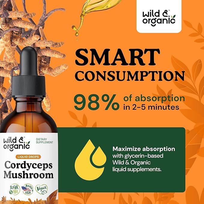 Wild & Organic Cordyceps Mushroom Tincture - Cordyceps Extract Supplement for Energy & Immune Support - Liquid Sinensis Mushroom Drops - Vegan, Sugar & Alcohol-Free - 2 fl oz