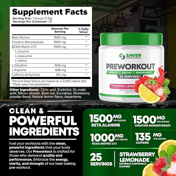 Pre Workout Powder with Beta Alanine, Creatine Monohydrate, BCAA, L Citrulline, L Arginine and Caffeine - Strawberry Lemonade Flavor - 25 Servings
