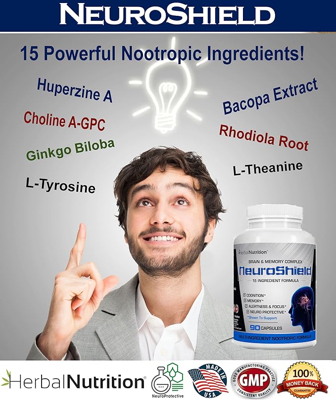 NeuroShield, Brain Supplement a Nootropic Brain Booster and Memory Supplement, Contains Huperzine A, Ginko Biloba, Bacopa Plus Antioxidants for Brain Health, Multi-Ingredients, 1 Bottle, 90 Capsules