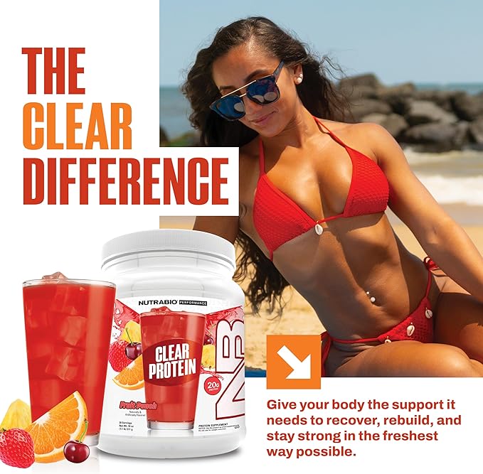 NutraBio Clear Protein Powder, Fruit Punch - 20 Servings, 20g Clear Whey Protein Isolate, 0 Sugar, 0g Lactose, Refreshing Fruit Flavors, GLP1 Support - Bone Health - Muscle Post Workout Recovery