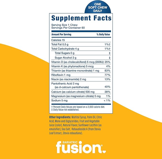 Bariatric Fusion Bariatric Calcium Supplement Chews | Calcium Citrate with Vitamin D3 Bariatric Vitamin | Sugar Free Chewable | 500mg | Lemon | 60 Count