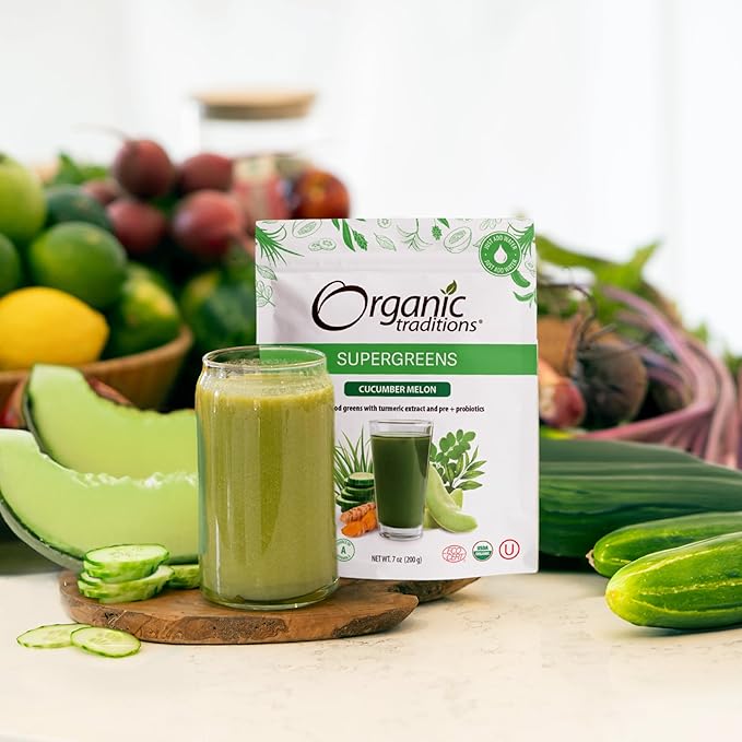 Organic Traditions Super Greens Powder Superfood with Turmeric, Cucumber Melon Flavored Organic Greens Superfood Powder, 200g / 7oz Bag