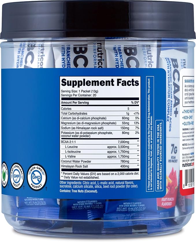 Nutricost BCAA+ Hydration Fruit Punch Flavor (20 Stickpacks) - Branched Chain Amino Acids with Hydration Complex - Gluten-Free, Non-GMO