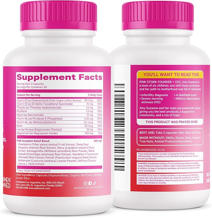 Pink Stork PMS Supplement for Women - Vitex, Ashwagandha, Maca Root & 10 Vitamins & Minerals to Support Hormone Balance, Mood, Bloating, Period Regularity - 60 Capsules