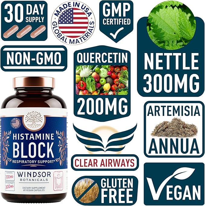 Histamine Blocker for Allergies - Quercetin, Stinging Nettle Flavonoids Natural Antihistamine Tablets - Allergy Relief Supplements & Antihistamines for Adults - 60 Vegan Histamine Block Capsules
