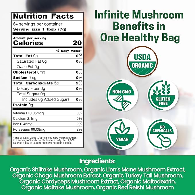 Z Natural Foods Organic 7 Sacred Mushrooms Blend - Mushroom Powder for Immune Health - Lionโs Mane, Cordyceps, Chaga, Red Reishi, Shiitake, Maitake & Turkey Tail Extract for Coffee, Smoothies, 1 lb