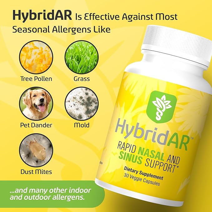 HybridAR Rapid Sinus Relief and Calm – Fast Acting Non-Drowsy Sinus Support and Medicine - Natural Decongestants for Adults with Antihistamine, Quercetin, and Butterbur for Allergies - 30 Capsules
