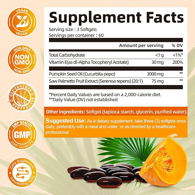 Pumpkin Seed Oil with Saw Palmetto Capsules, High Concentrated Pumpkin Seeds Oil Supplement, Cold Pressed, Supports Hair, Urinary, Bladder & Prostate Health, Vegan, Non-GMO, 180 Softgels