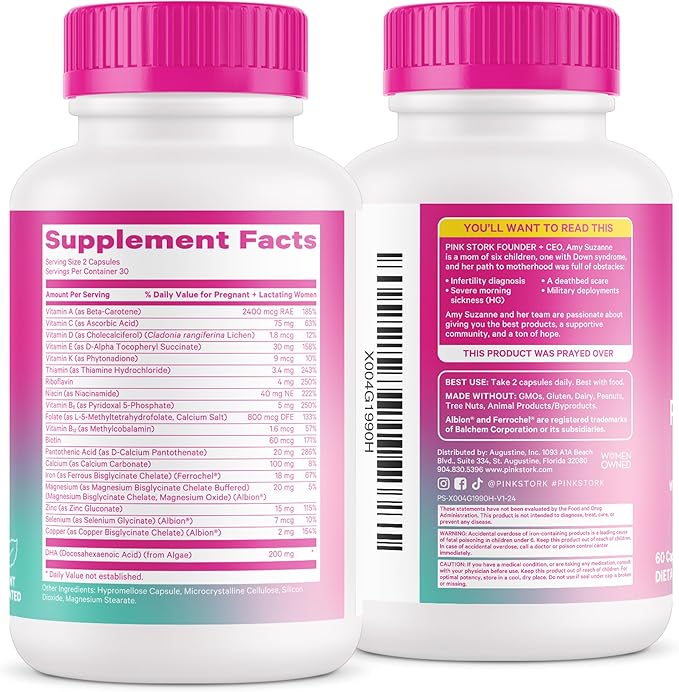 Pink Stork Total Postnatal Vitamins for Women - Mint Essenced Capsules with Vegan DHA, Iron, Folate, and Vitamin B12, Postpartum Recovery Essentials - 1 Month Supply