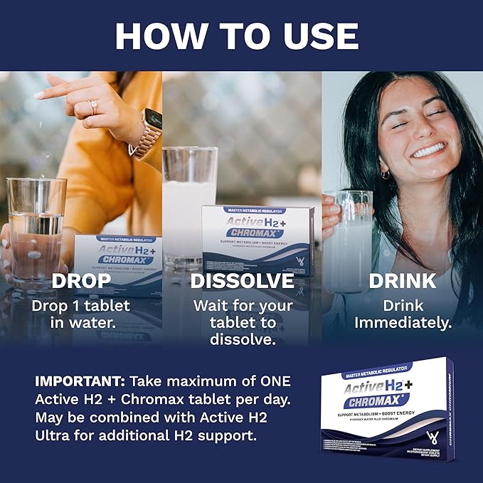 Active H2+ Chromax – Hydrogen Water Tablets with Chromium – Supports Metabolism and Energy – Molecular Hydrogen and Chromium Supplement – 30 Tablets