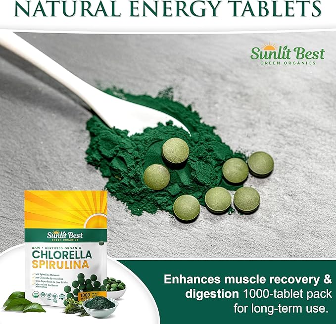 Sunlit Best Chlorella Spirulina Tablets - Organic USDA, Premium Spirulina and Chlorella Tablets 1000 Count - Sun Chlorella Pure Natural Superfood with Algae, Enzymes Chlorophyll & Vegan Protein