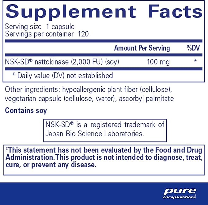 Pure Encapsulations NSK-SD - 100 mg Nattokinase - for Normal Blood Circulation - Supports Fibrinolytic Activity* - Gluten Free & Non-GMO - 120 Capsules