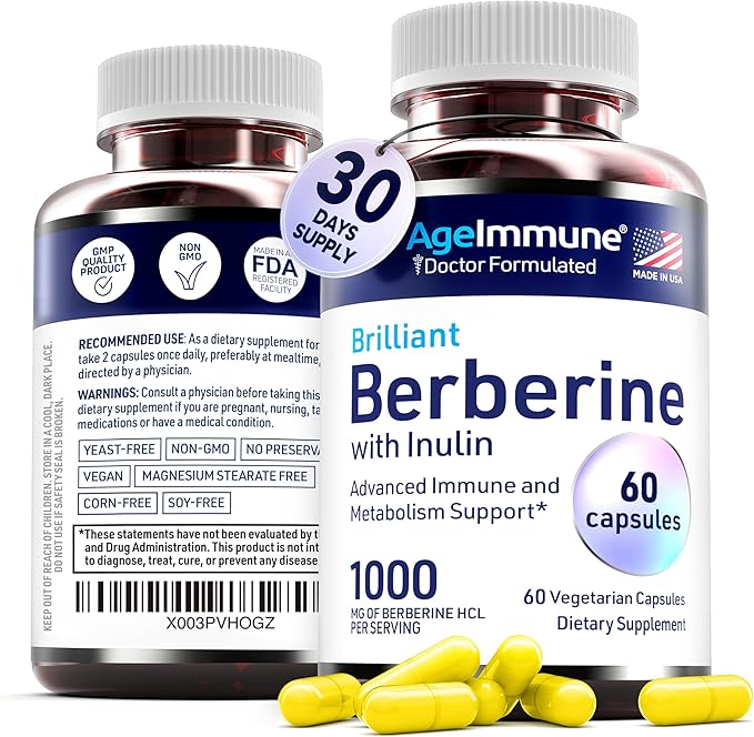 Berberine 1000mg Supplement Complex with Inulin Prebiotic - Berberine 500mg per Capsule - Doctor Formulated Supplements for High Absorption from a Doctor-Owned Brand.