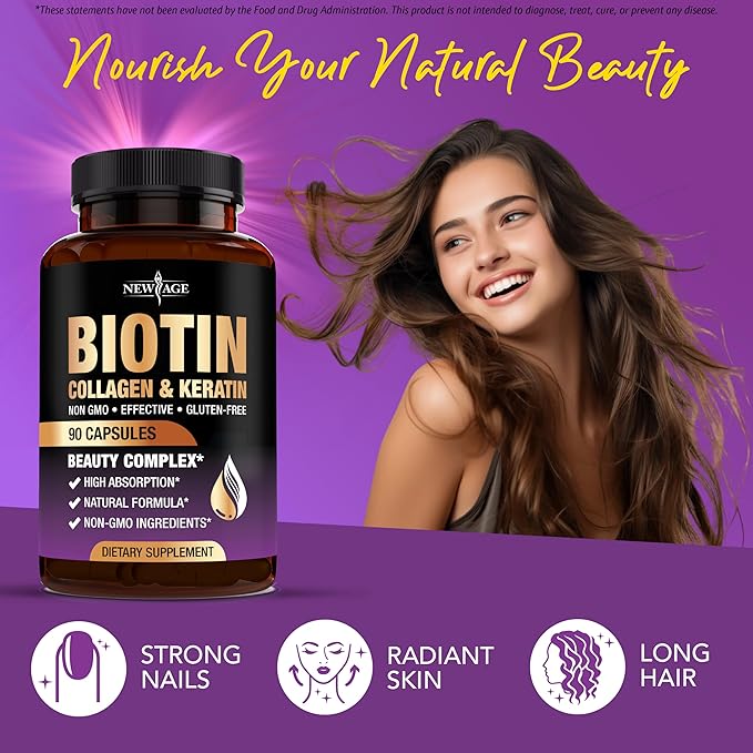 NEW AGE Biotin Collagen Keratin Hyaluronic Acid - 50,000mcg Hair Growth Vitamins for Men and Women, Nails, Hair, Skin Vitamins and DHT Blocker with Vitamin E Folic Acid Pumpkin Seed MSM- 180 Count