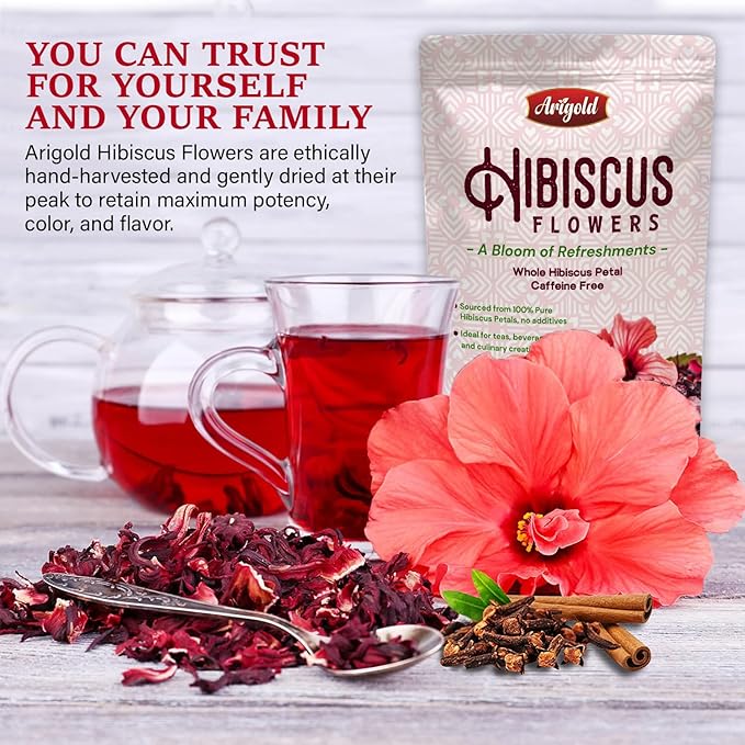 Arigold Pure Whole Petals Hibiscus Tea 1lb β Organic Dried Hibiscus Flowers,Flor de Jamaica, Hibiscus Sabdariffa, Bissap, Sorrel, hibiscus tea loose leaf Herbal Tea for Agua Fresca, Cocktails, Iced Tea & Hot Tea | Caffeine-Free & Rich in Antioxidants.