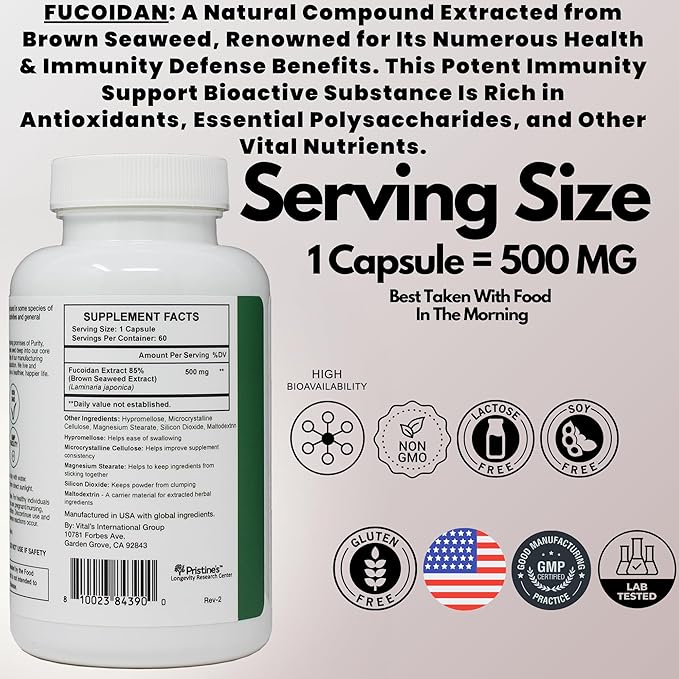 PRISTINE'S Fucoidan 500MG Immunity Supplement Capsules - 60 Day Supply - Brown Seaweed Extract - Potent Herbal Antioxidant Lung Health & Skin Health Support