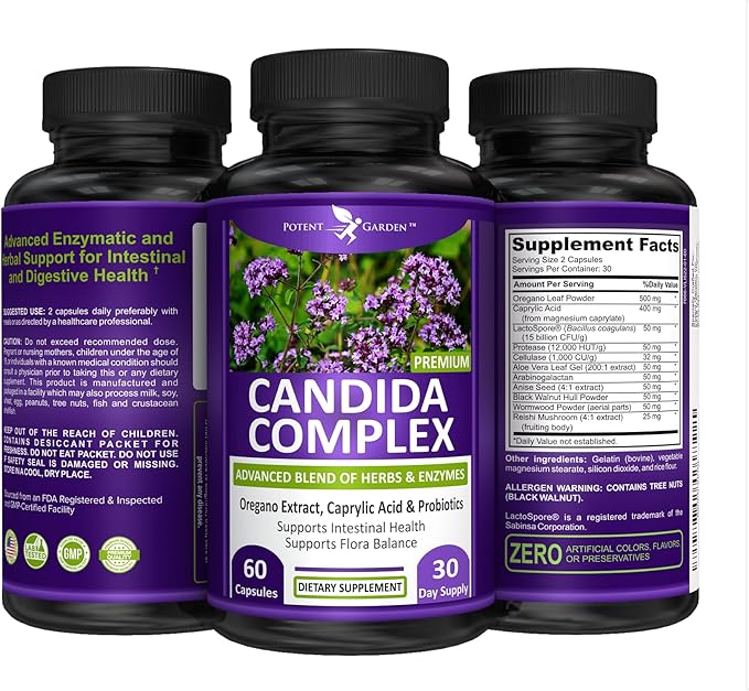 Potent Garden Candida Complex - Oregano and Caprylic Acid Blend, Gut Flora Balance Complex, Intestinal Health & Immune Support with Herbs & Probiotics, Gut Health Supplements for Women & Men 60 Count