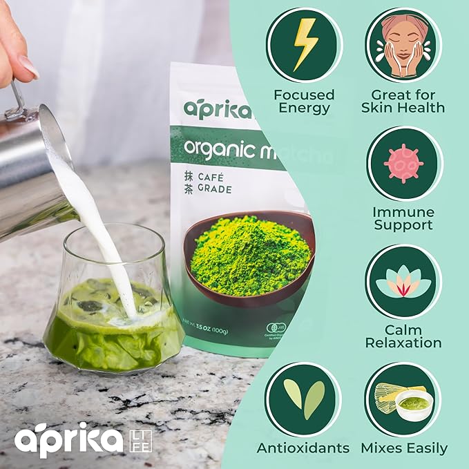AprikaLife Organic Matcha Powder, USDA & JAS Certified, No Sugar Added, Authentic Japanese Cafe Grade Matcha Green Tea Powder Perfect for Matcha Lattes, Smoothies & Baking, 3.5 oz/100g