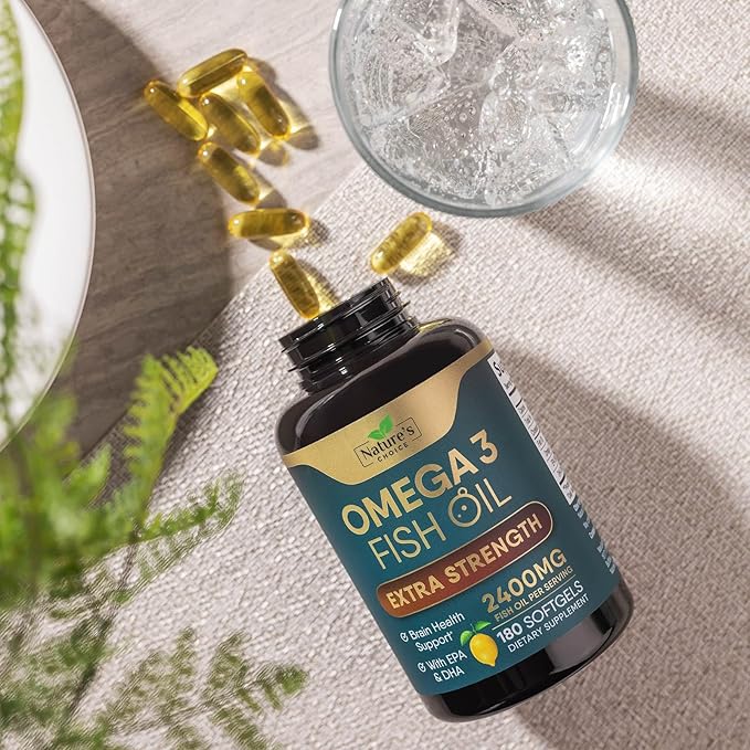 Omega 3 Fish Oil Supplement 2400 mg - Triple Strength EPA & DHA Fish Oil Omega 3, Essential Fatty Acids Supplement Softgels, Brain & Heart Health Support Supplements, Gluten Free Non-GMO, 180 Softgels