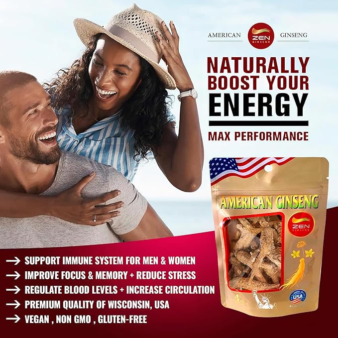 Zen Ginseng - 4 oz Bag of Untrimmed American Ginseng - Non-GMO, Gluten Free. Add This Ginseng in Soup, Tea, Coffee, juices, Smoothies and Baking (Barrel Root 4 oz Bag)